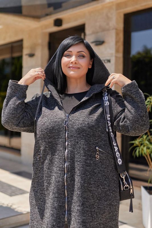 Стильный женский кардиган на молнии plus size арт.0493 трикотаж - букле с капюшоном и карманами размер 54-56 Черный