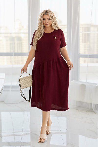 Стильна сукня з косою талією та прикрасою plus size арт.0527 50-52 Винний