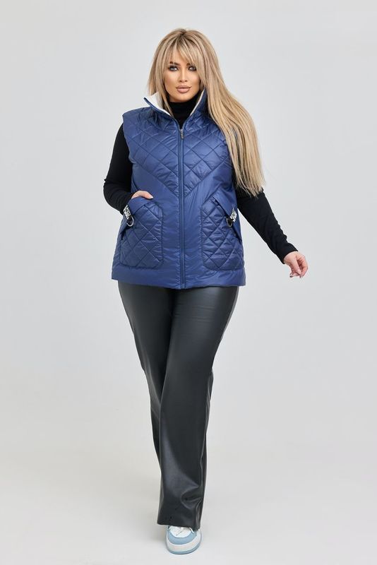 Стильная женская безрукавка plus size арт.471 на синтепоне с высоким воротником повседневная размер 50-52 Синий