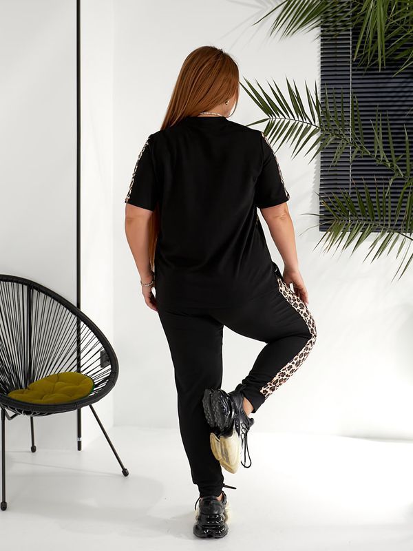 Стильный прогулочный костюм-двойка plus size из двунитки + микродайвинг арт.0534/1 48-50 Черный + Леопард темный бежевый