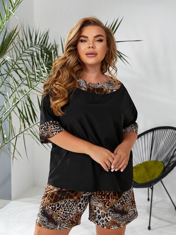 Жіночий комплект plus size арт.0498/1 повсякденний футболка та шорти з легкого шовку леопардовий принт розмір 52-54