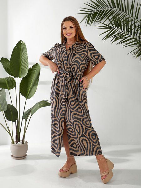 Стильное льняное платье-халат Пляс в комплекте plus size арт.0537/1 48-50 Браун