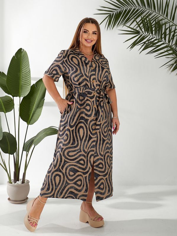 Стильне лляне плаття-халат Пляс в комплекті plus size арт.0537/1 52-54 Браун
