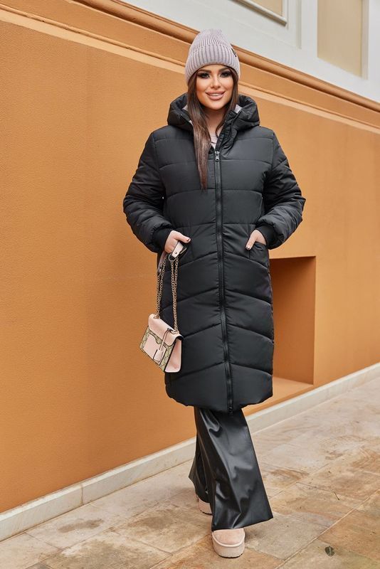 Женская зимняя куртка plus size арт.432 длинная утепленная с капюшоном однотонная повседневная размер 50-52 Черный