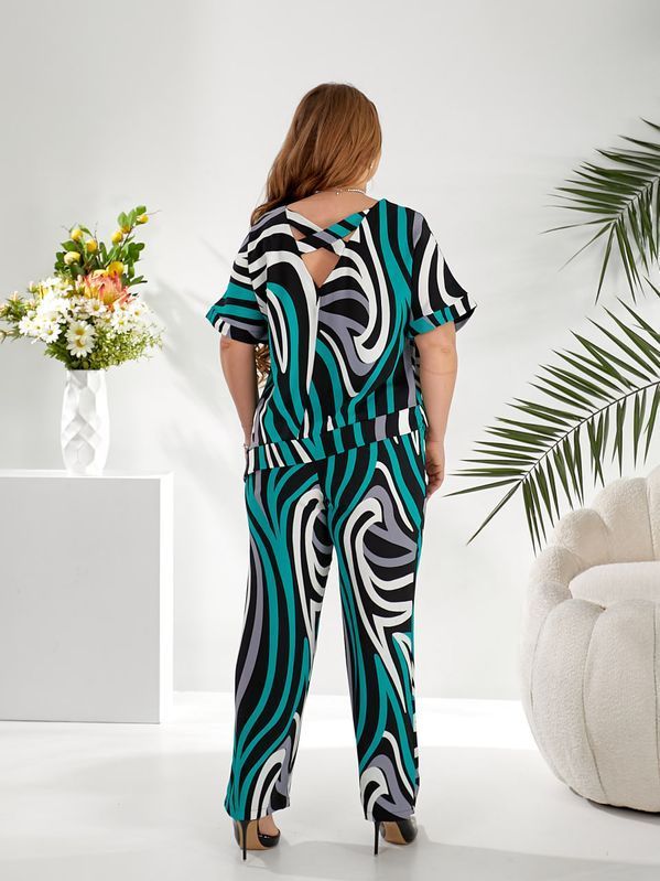 Стильний брючний костюм двійка Plus Size американський креп арт.0532/1 48-50 Бірюзовий