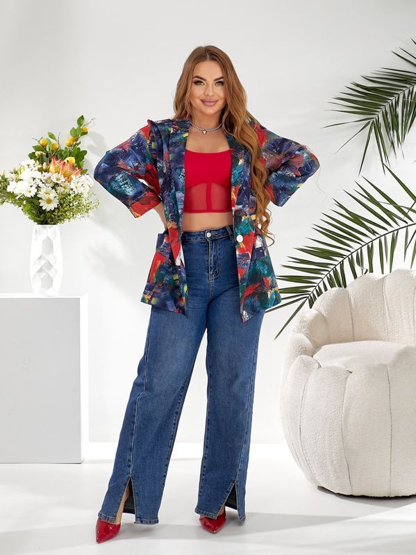 Літній піджак вільного крою plus size арт.0462/1 48-50 Червоно-Синій